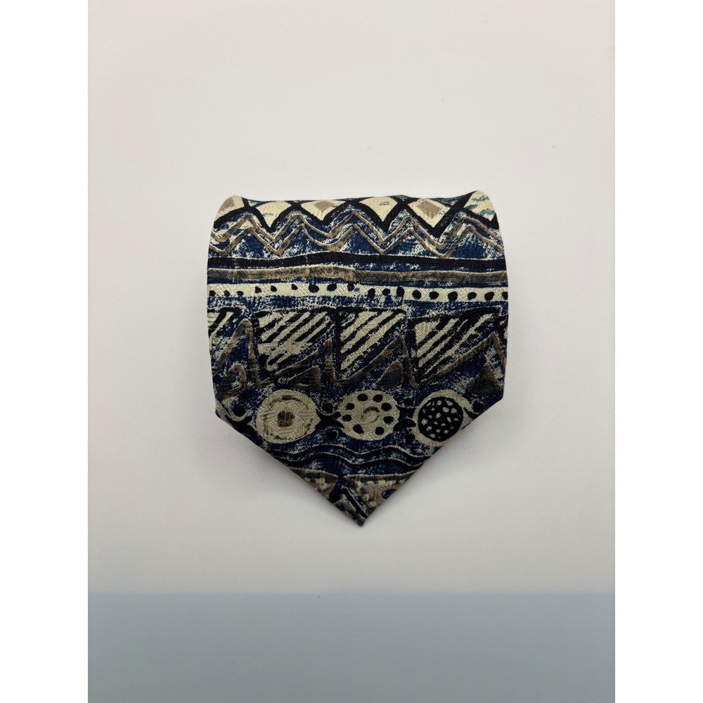 Nikka Dori Mens Silk Tie Italy Abstract Geometric Tribal Navy Blue Cream 2569